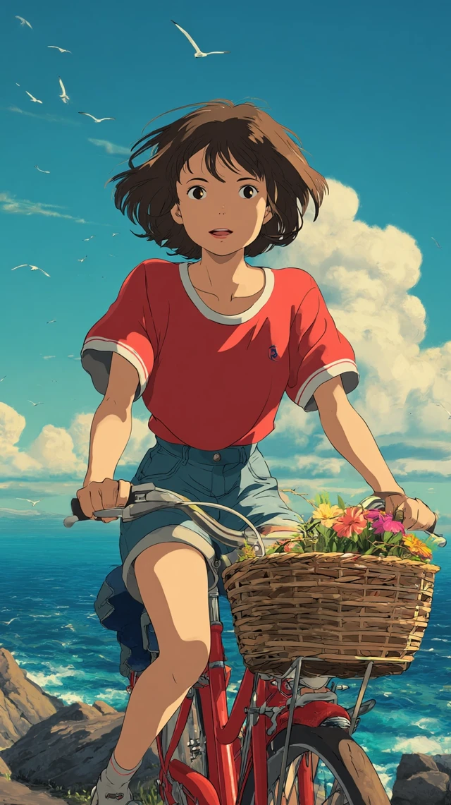 Studio Ghibli Girl on a Bicycle Overlooking the Sea