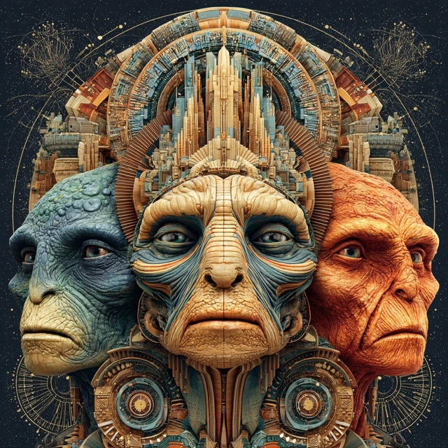 Alien Warrior with Three Heads Psychedelic Art