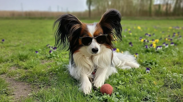 Papillon Dog in Sunglasses Relaxing in a Field