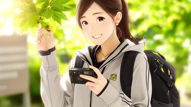 Anime Girl Taking Photo in Nature Happy and Cheerful