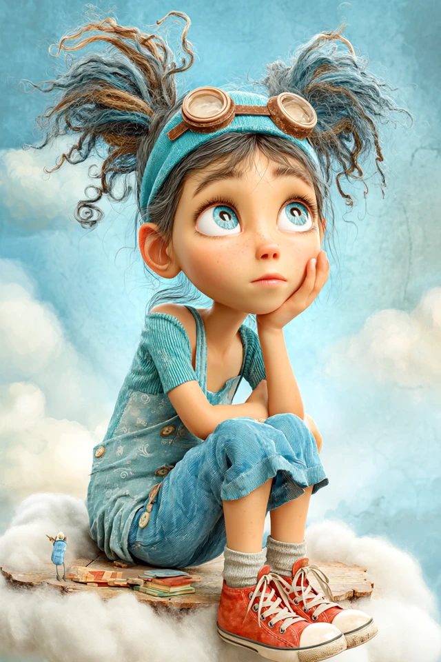 Cartoon Girl on a Cloud Sky Island 3D Render