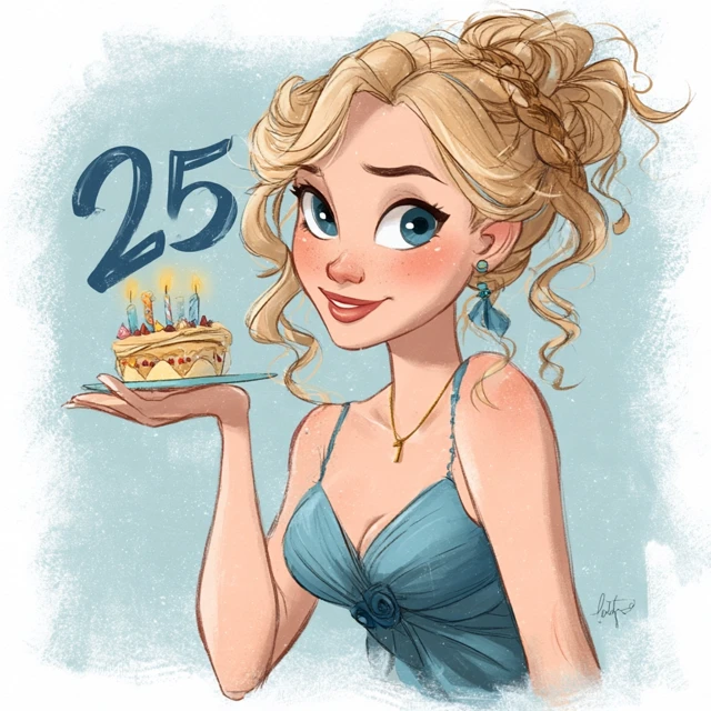 Blonde Girl Turning 25 Cartoon Birthday Illustration