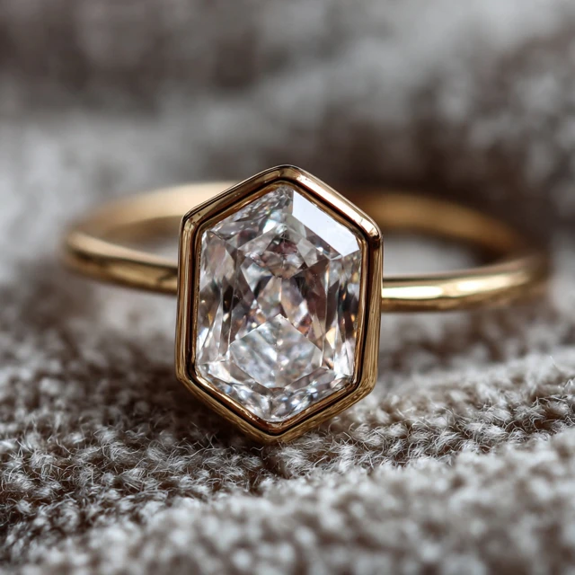 Hexagon Cut Diamond Ring in Gold Bezel Setting