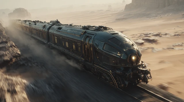 Teslapunk Train Futuristic Desert Scenery