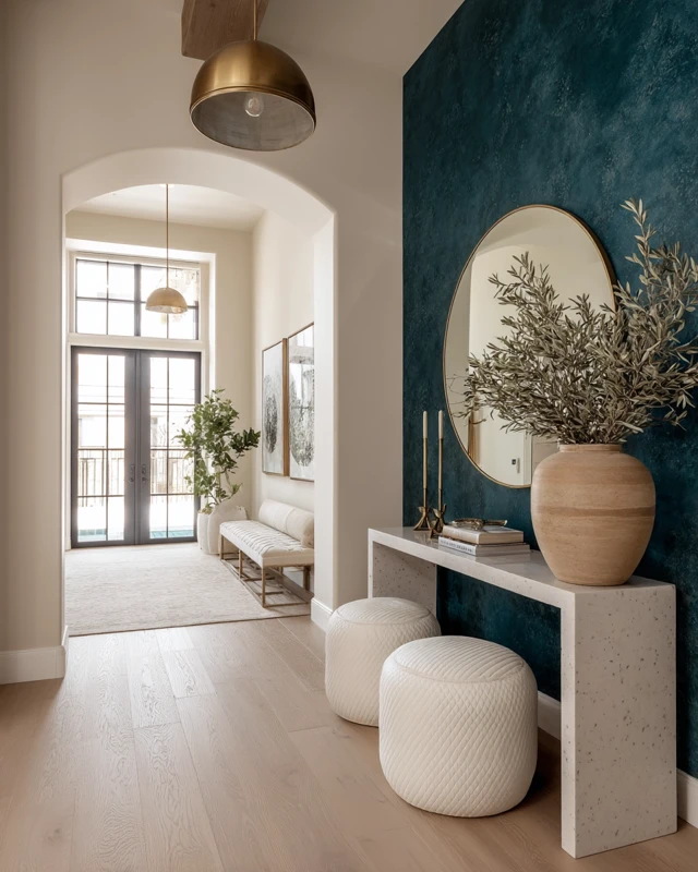 Elegant Foyer Design with Venetian Stucco and Oak Wood