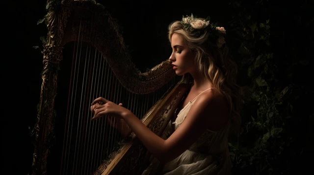 Ethereal Nymph Playing Harp Chiaroscuro Photography