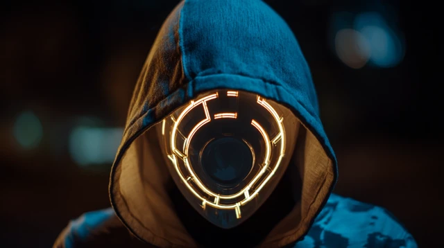 Hooded Figure with LED Target Mask at Night