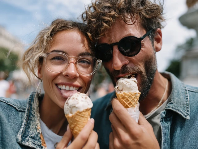 Couple Sharing Ice Cream Summer Day Joyful Moment