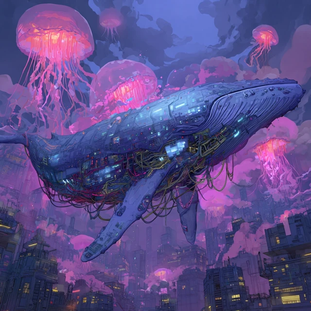 Cyberpunk Whale Above City