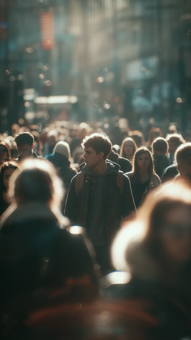Young Adult Walking Through Urban Crowd Cinematic