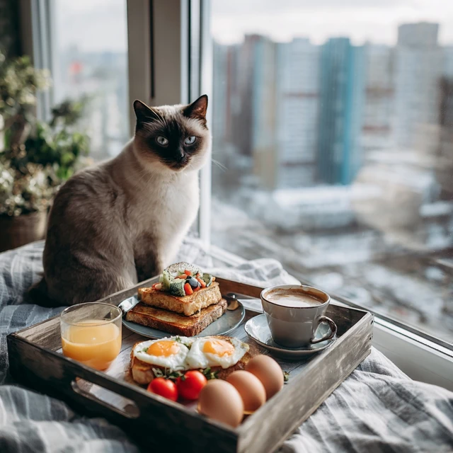 Breakfast in Bed with a Siamese Cat