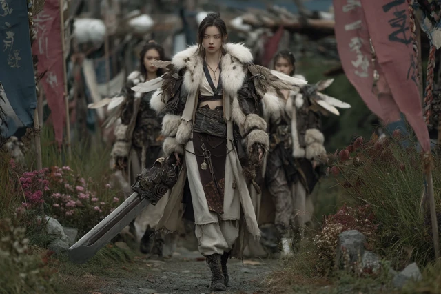Asia Female Druid with Sword in Garden