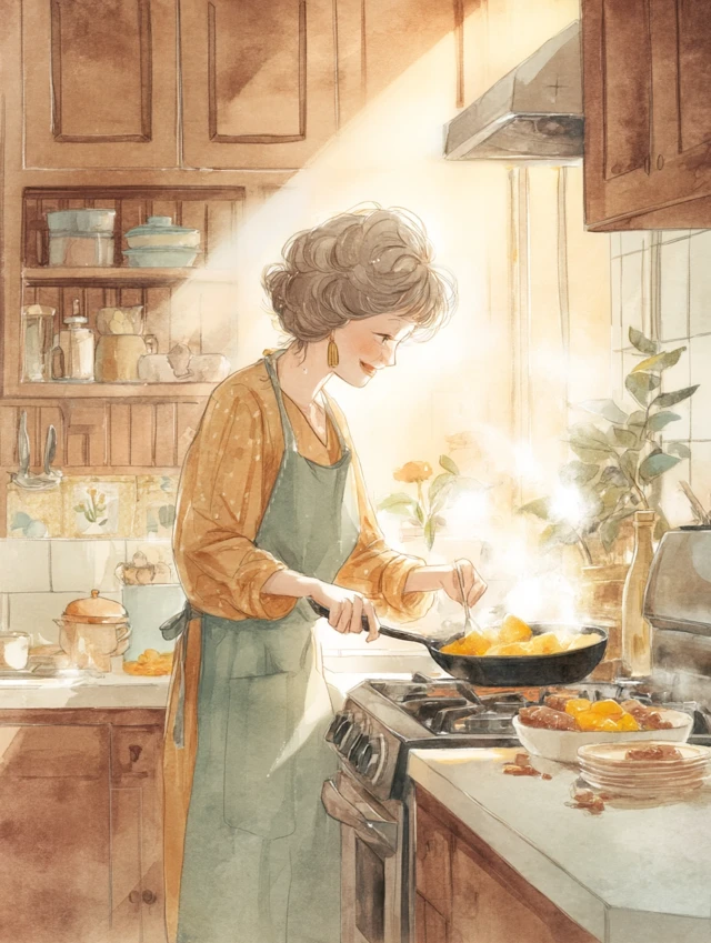 Woman Cooking in Kitchen Watercolor Illustration