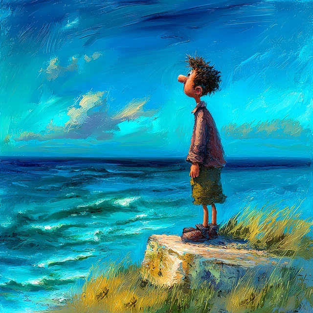 Tito on a Rock Sea View Comic Style