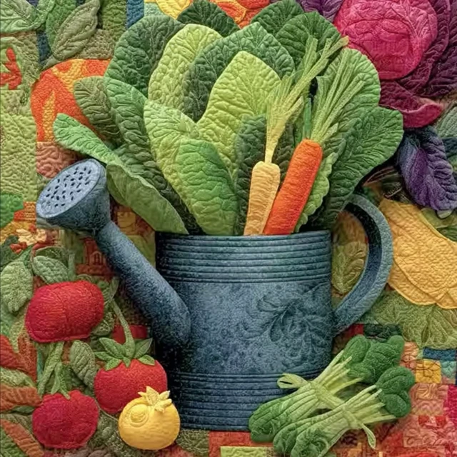 Vegetables in Watering Can Patchwork Quilt Art