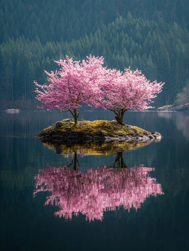 Cherry Blossom Island Lake Landscape Photography