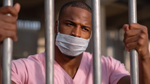 Inmate in Prison: Sorrowful Portrait with Mask