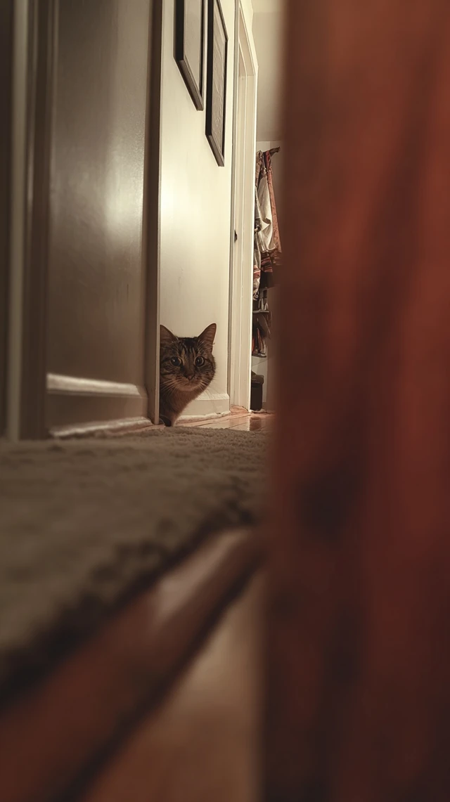 Curious Cat Peeking Down the Hall