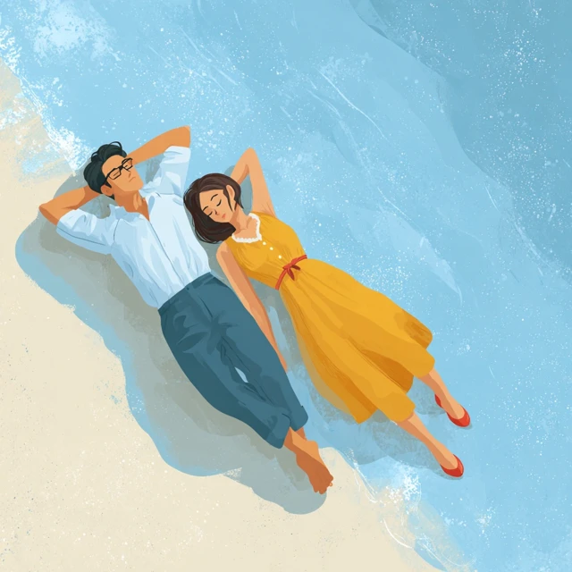Couple Relaxing on Beach Cartoon Illustration