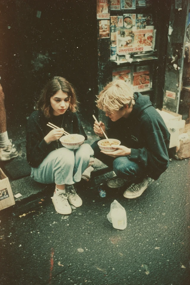 Couple Eating Ramen Street Scene Vintage Aesthetic