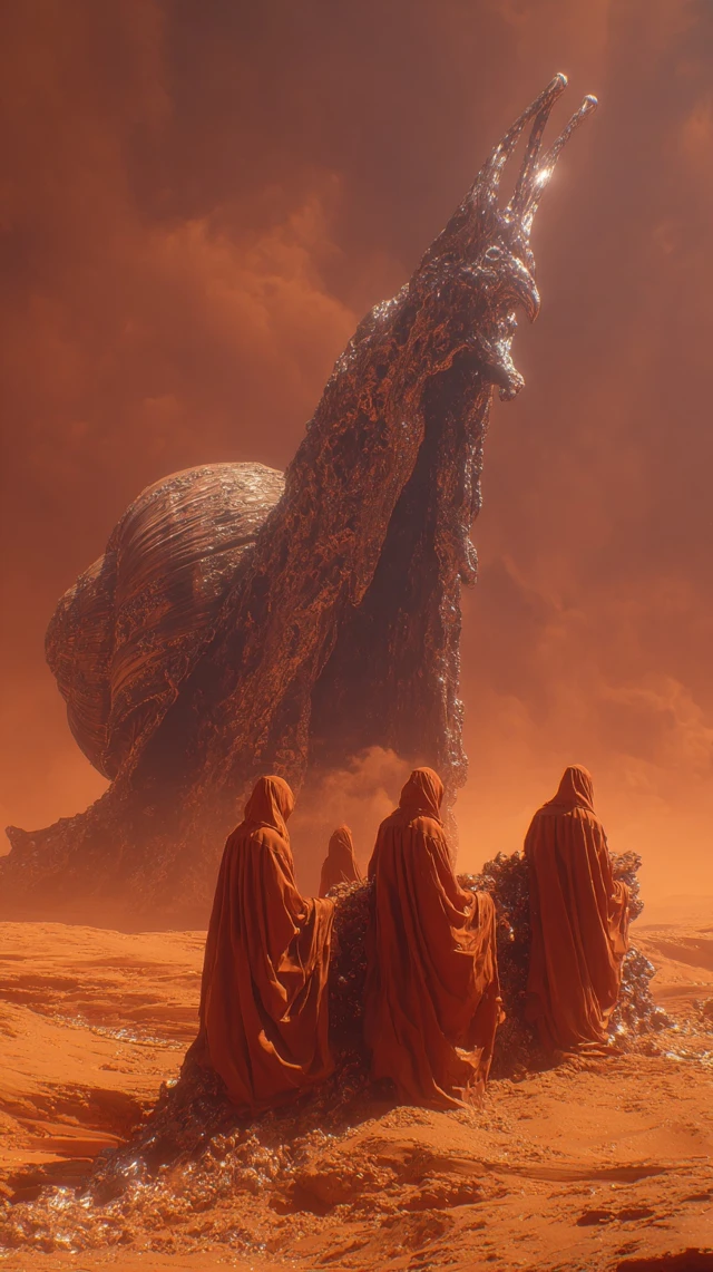 Alien Monks Riding Snail in Desert