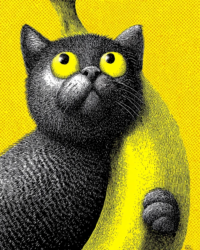 Cat Hiding Banana Pop Art Illustration