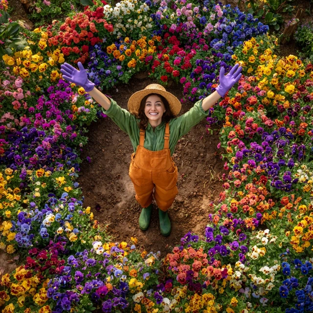 Happy Gardener with Colorful Pansy Flowers
