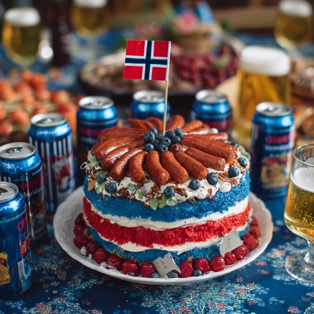 Norwegian Flag Birthday Cake with Beer and Sausages
