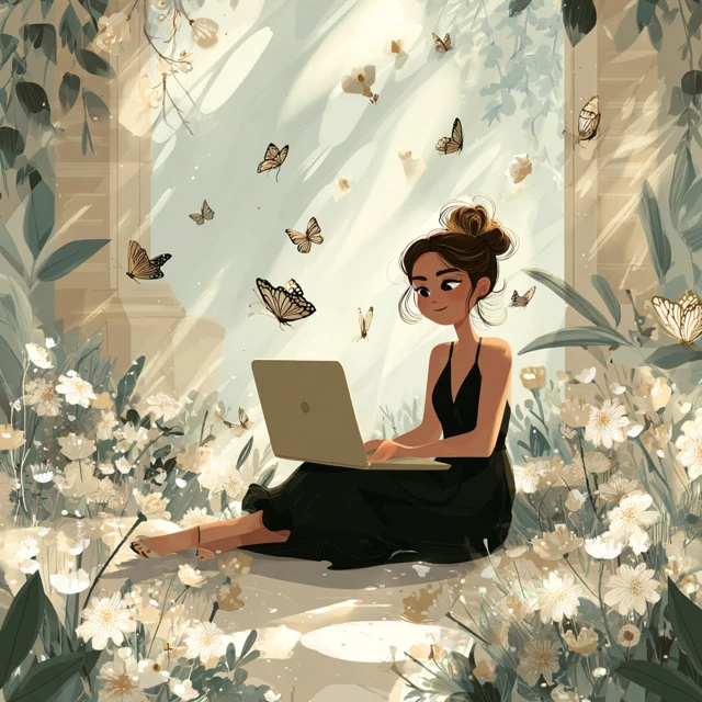 Woman Working in Garden with Butterflies and Flowers