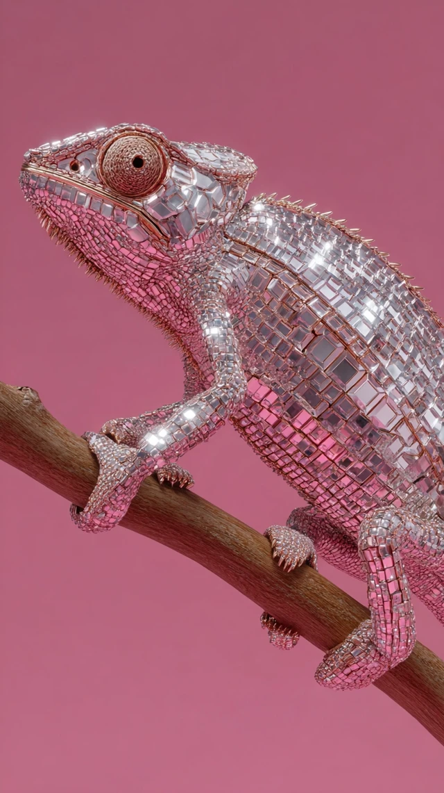 Disco Ball Chameleon On Branch Photorealistic Art