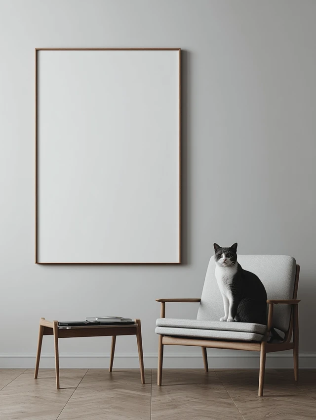 Blank Picture Frame with Cat in Modern Room
