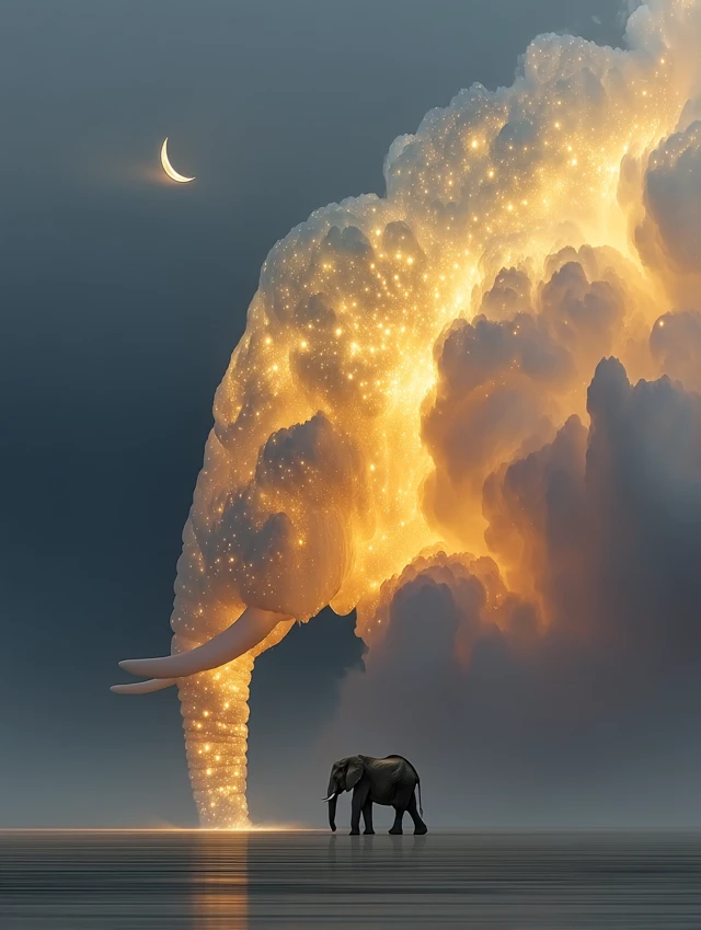 Dreamscape Elephant: Surrealist Golden Composition