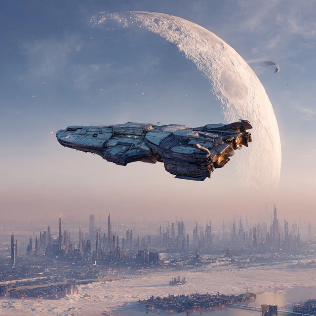 Halo Pillar of Autumn Starship over Futuristic Moon City