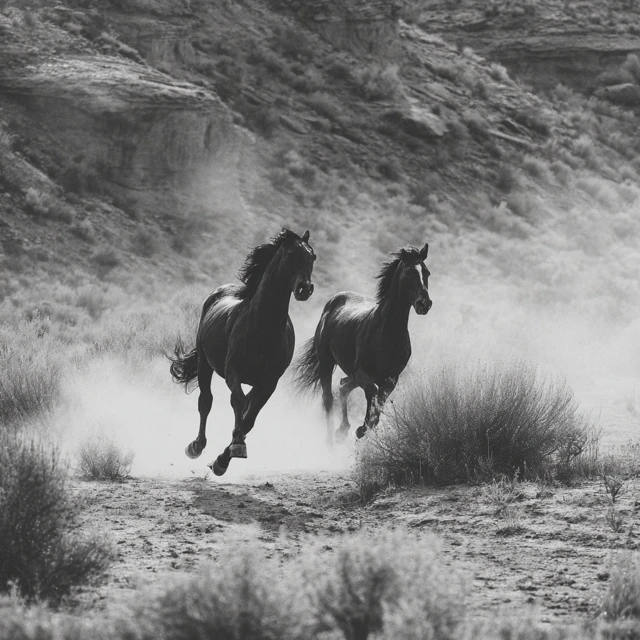 Akhal Tekes Horses Running in the Desert Black and White