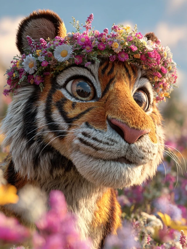 Cute 3D Cartoon Tiger with Flower Wreath
