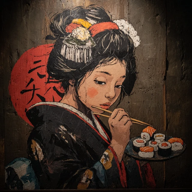Japanese Girl Eats Sushi Banksy Style Art
