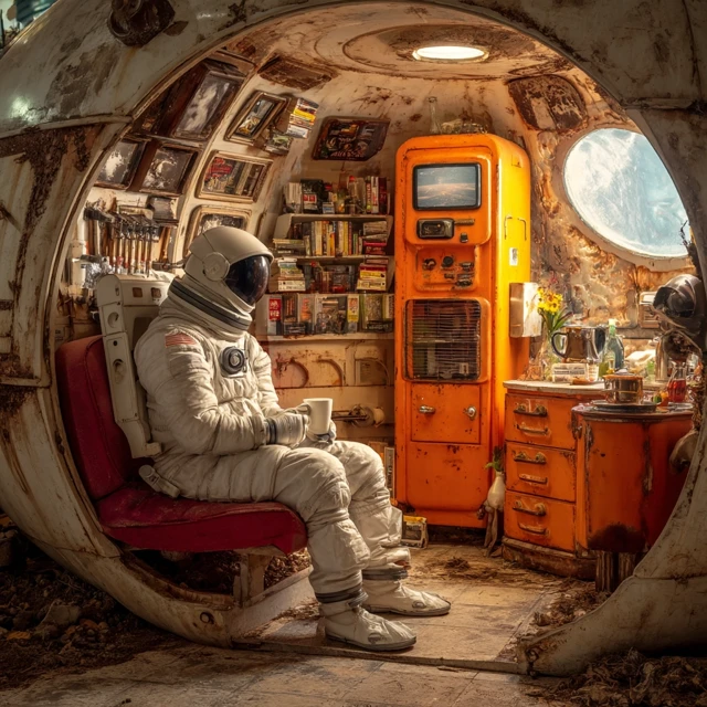 Astronaut Barista in a Retro Spaceship Coffee Shop