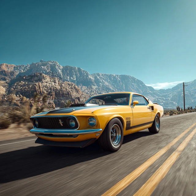 1969 Ford Mustang Mach 1 on Desert Highway