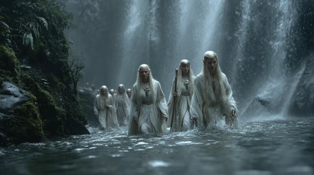 Elves in Waterfall: A Fantasy Scene