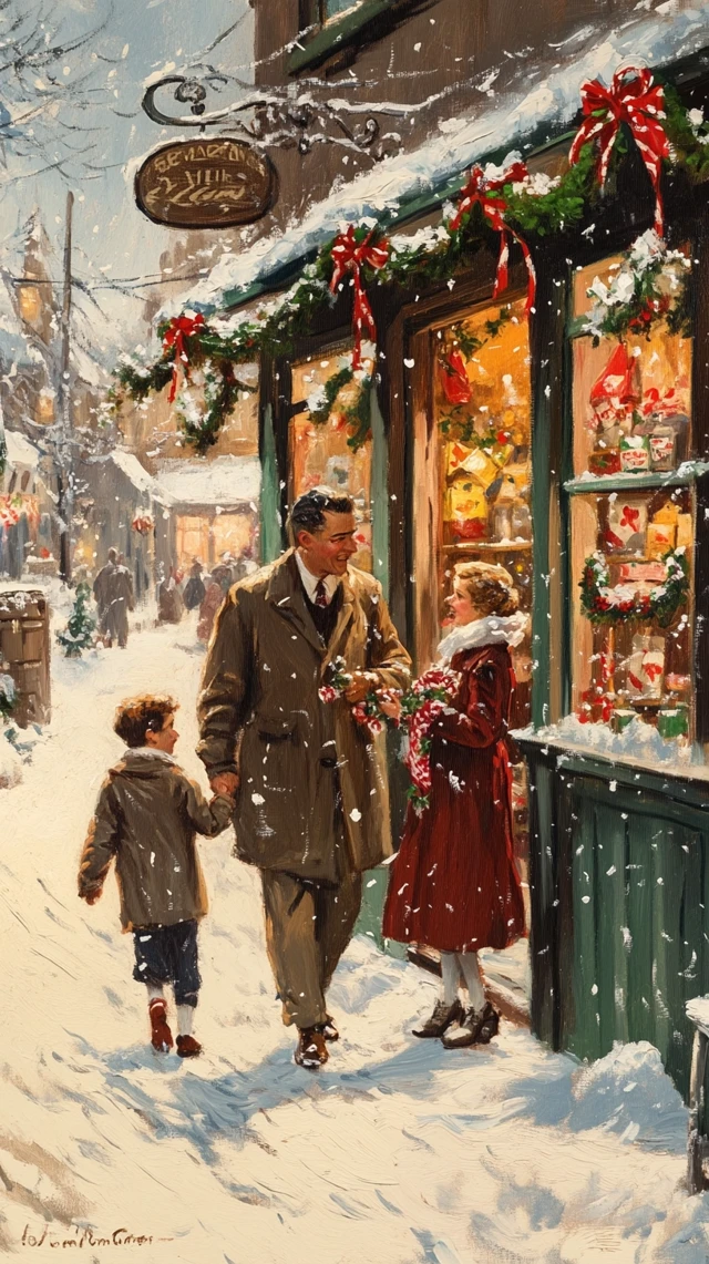 1940s American Christmas Illustration Family in Store