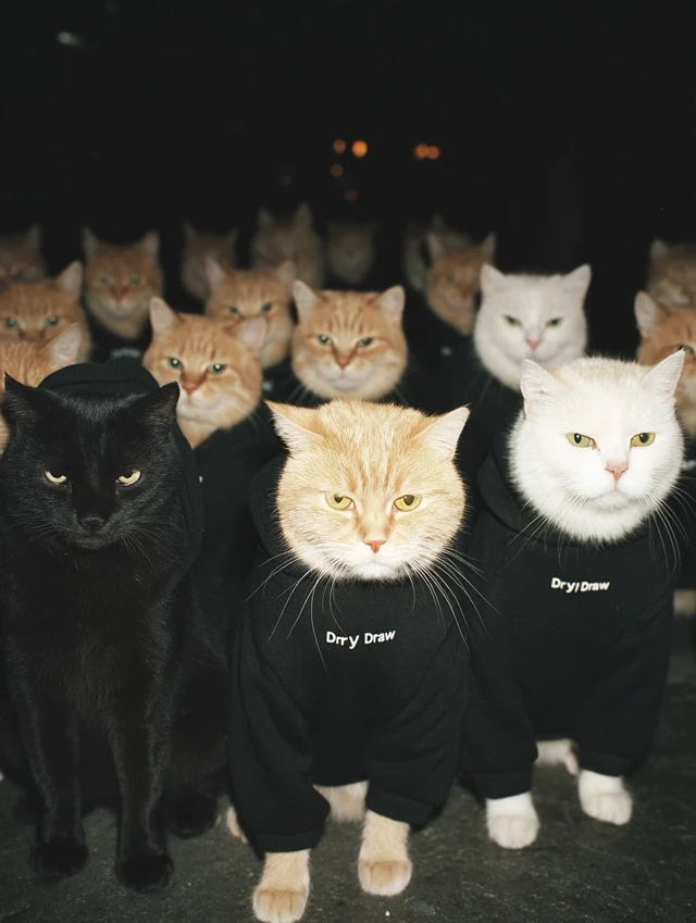 Angry Cats in Black Hoodies Dry and Draw Photo