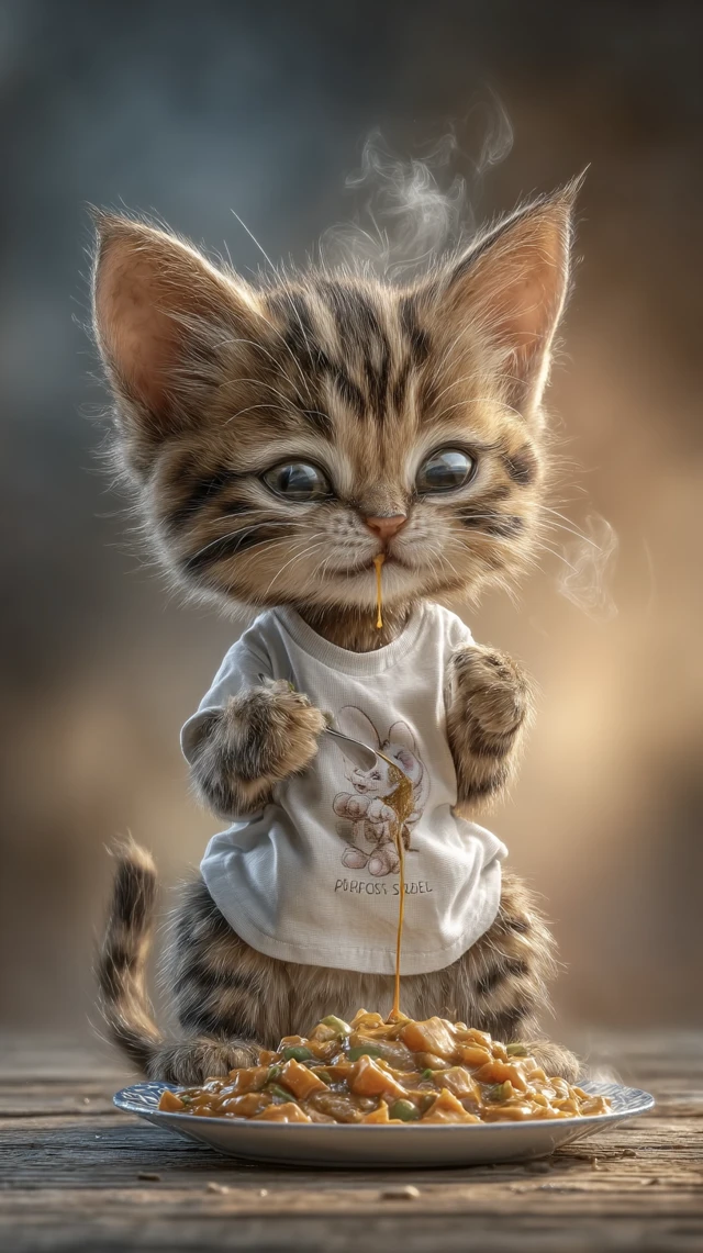 Bengal Kitten Eating Curry: Hyperrealistic Portrait