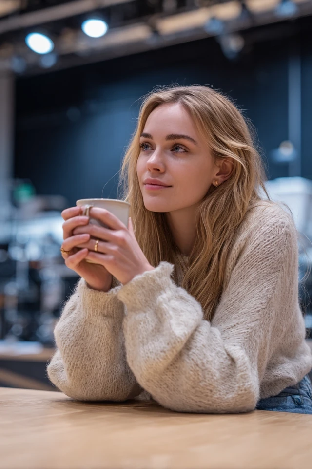 Young Woman with Coffee Thoughtful in Studio