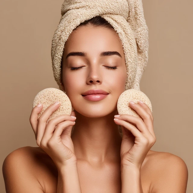 Skincare Routine: Woman Applying Cream with Sponges