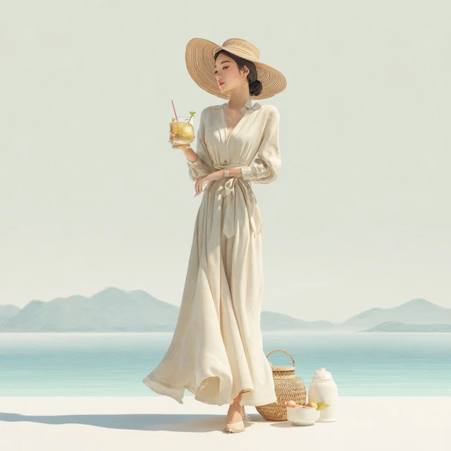 Asian Woman in Dress with Drink and Straw Hat