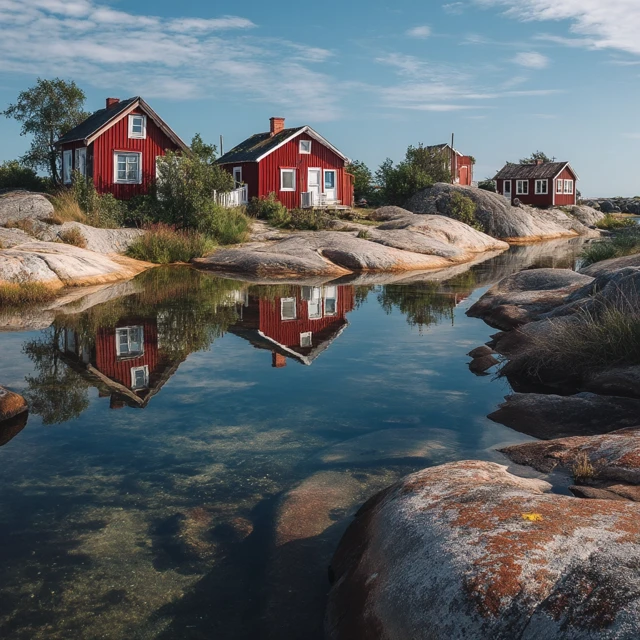 Red Houses Reflecting in Water Sweden