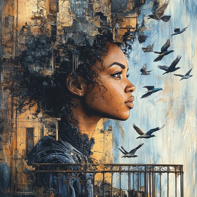 Black Woman on Balcony Birds and Cityscape