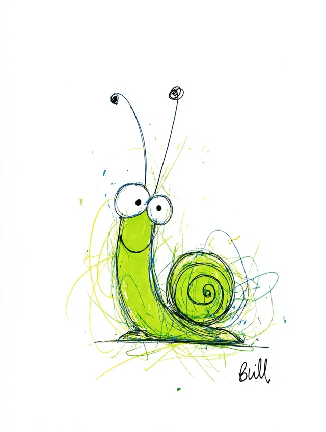 Cute Green Snail Cartoon Illustration by Bill Waterson