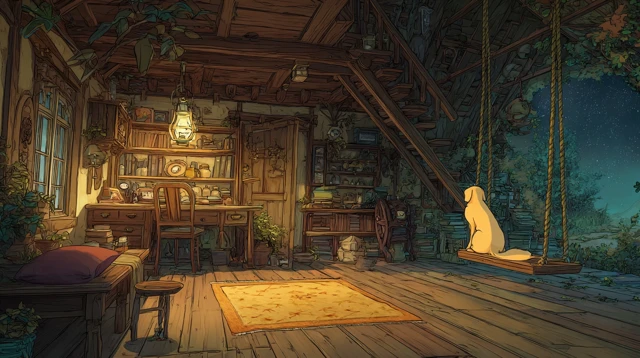 Cozy Treehouse Anime Interior with Dog