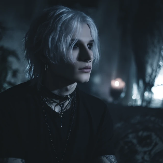 Gothic Man with White Hair and Piercings